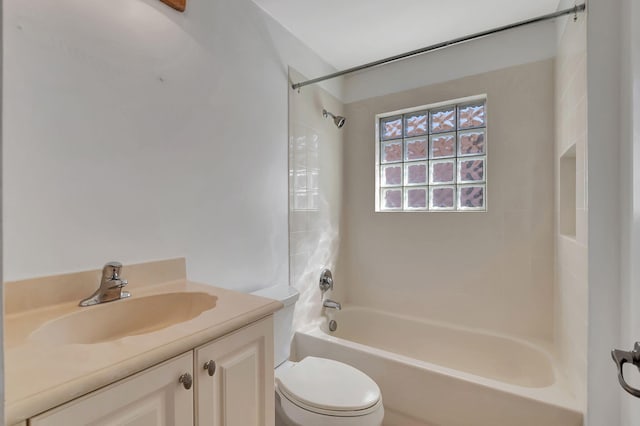 full bath with toilet, vanity, and shower / bathing tub combination
