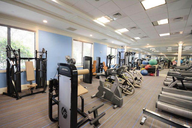 exercise room featuring ornamental molding, light colored carpet, and a paneled ceiling