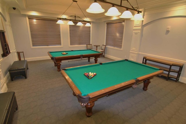 playroom featuring ornamental molding and dark colored carpet