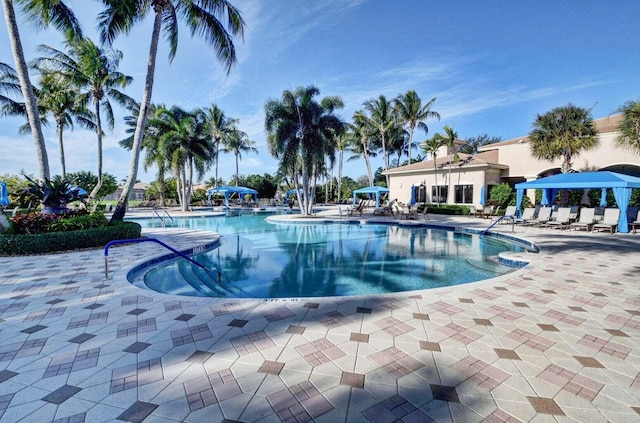 view of swimming pool featuring a patio area