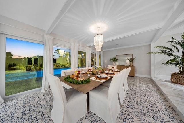 dining area with beamed ceiling and a chandelier