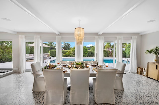 sunroom / solarium featuring beamed ceiling and a chandelier