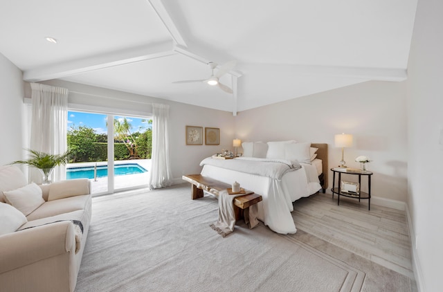 bedroom with ceiling fan, access to outside, vaulted ceiling with beams, and light wood-type flooring