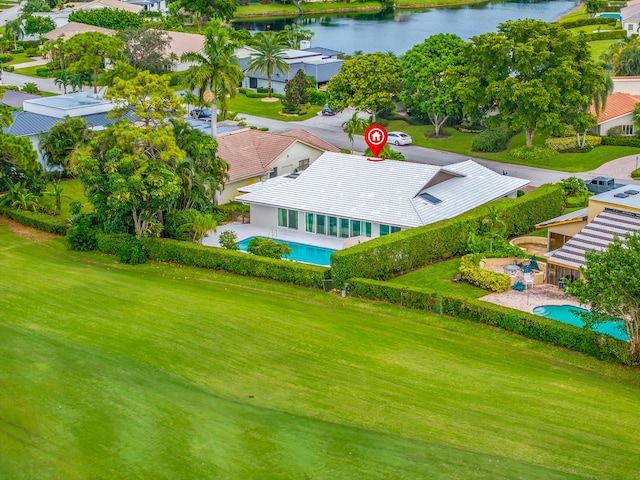 drone / aerial view featuring a water view