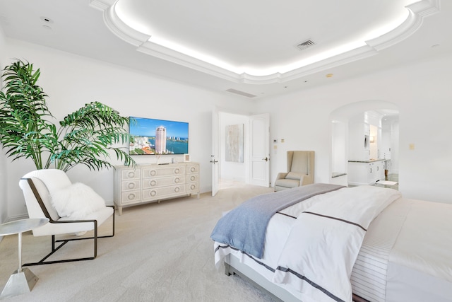 carpeted bedroom featuring ensuite bath and a tray ceiling