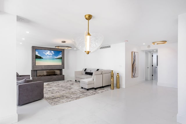 living room with a fireplace