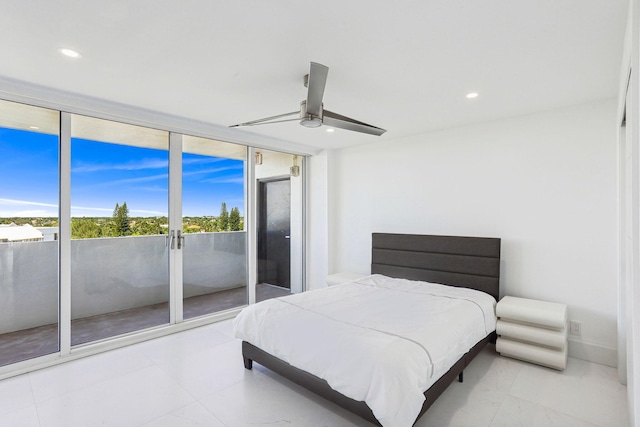 bedroom featuring access to exterior and ceiling fan