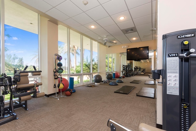 exercise room featuring carpet floors, a paneled ceiling, and ceiling fan