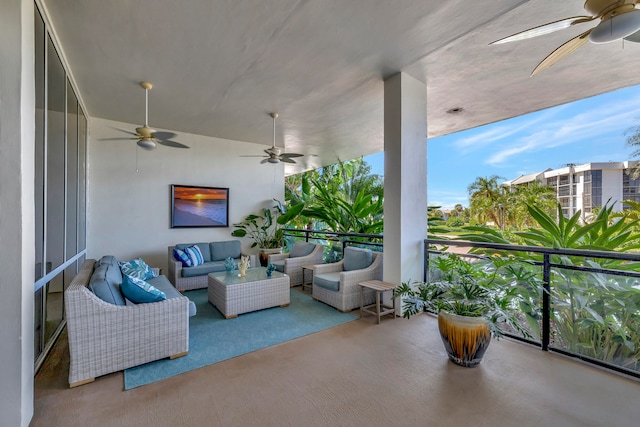 view of patio featuring a balcony, an outdoor hangout area, and ceiling fan