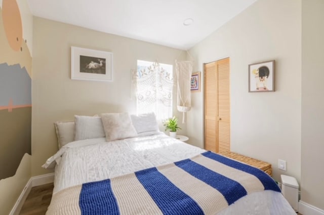 bedroom featuring vaulted ceiling, wood-type flooring, and a closet