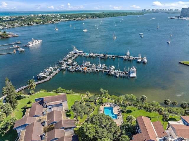 drone / aerial view with a water view