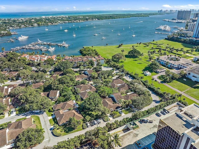 bird's eye view with a water view