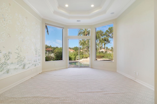 unfurnished room with a raised ceiling, ornamental molding, and light carpet