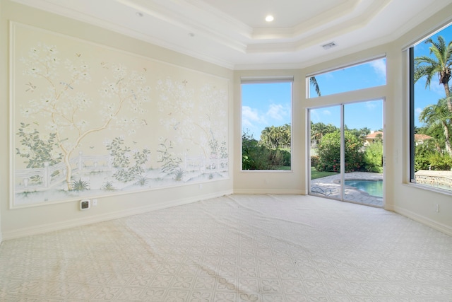 empty room featuring ornamental molding, light carpet, and a tray ceiling