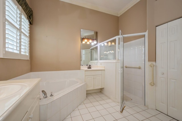 bathroom with vanity, crown molding, independent shower and bath, and tile patterned floors