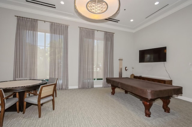 rec room with crown molding, pool table, and light carpet