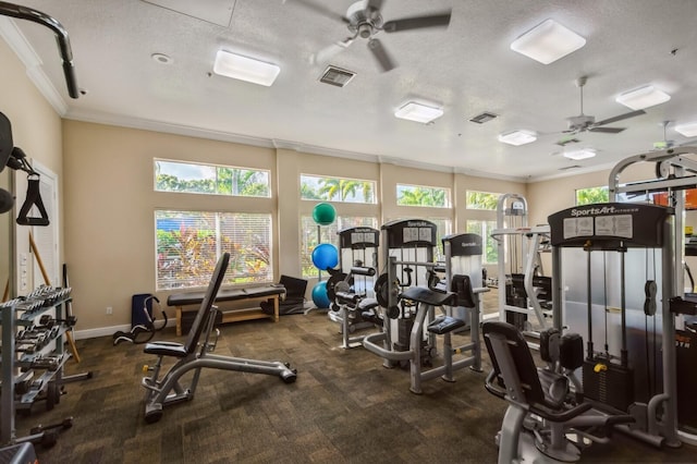 exercise room featuring a textured ceiling, ornamental molding, and a wealth of natural light