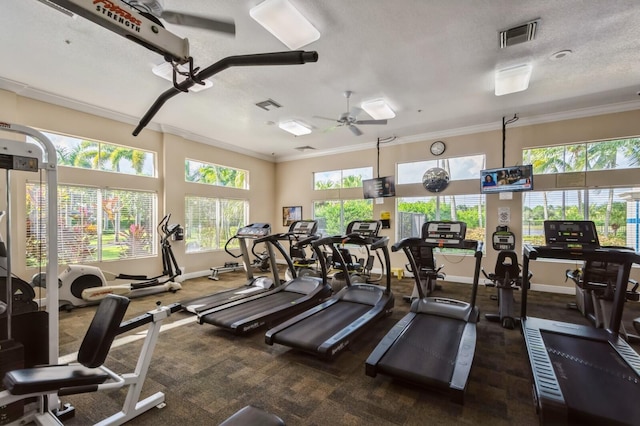 exercise room featuring crown molding, a textured ceiling, and ceiling fan