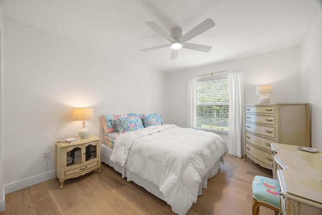 bedroom with ceiling fan and light wood-type flooring