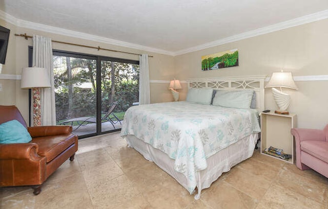 bedroom with crown molding and access to exterior