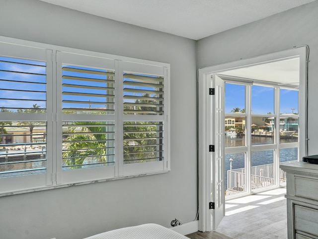 interior space featuring a water view, access to exterior, and light wood-type flooring