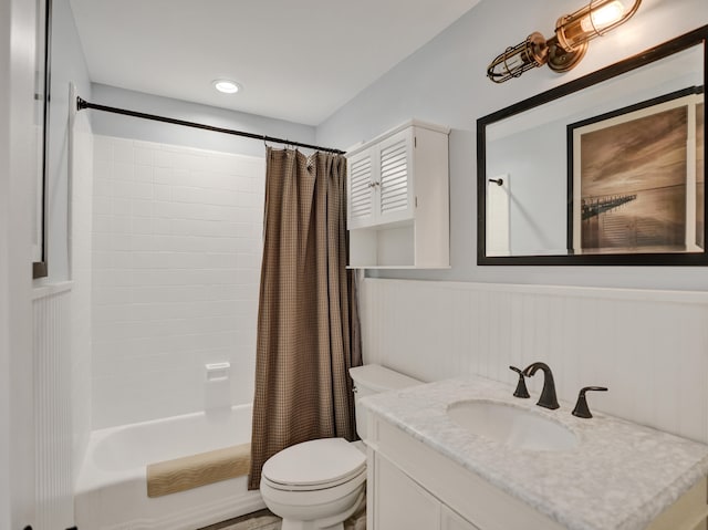 full bathroom with vanity, toilet, and shower / bathtub combination with curtain