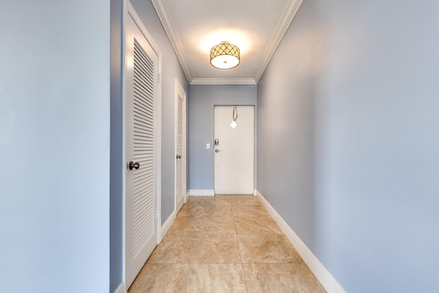 doorway to outside with ornamental molding