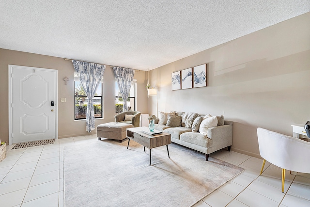 tiled living room with a textured ceiling