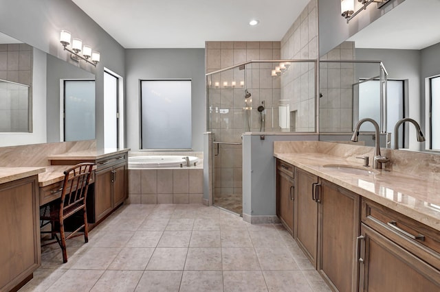 bathroom with vanity, independent shower and bath, and tile patterned floors