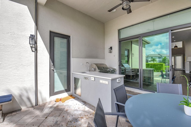 view of patio featuring sink, a grill, and ceiling fan