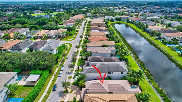 aerial view featuring a water view