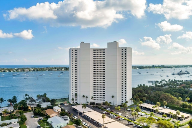 aerial view featuring a water view