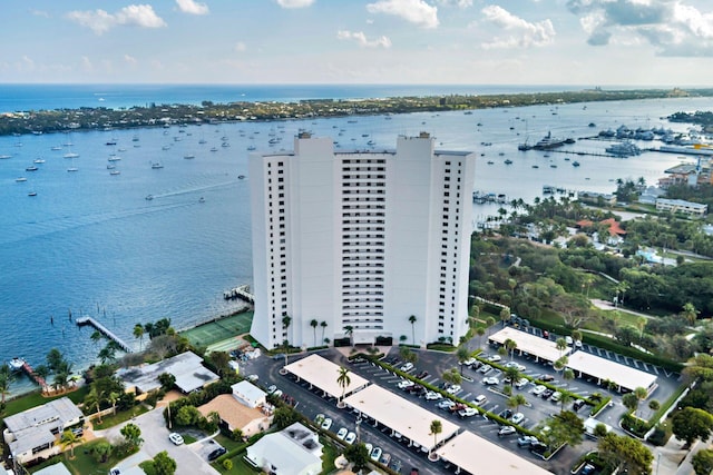 birds eye view of property featuring a water view