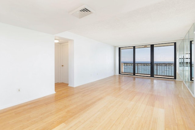 spare room featuring expansive windows, a textured ceiling, and light wood-type flooring