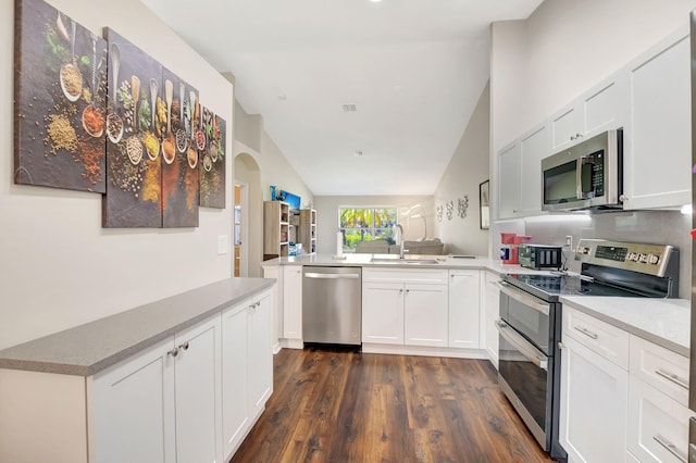 kitchen featuring lofted ceiling, white cabinetry, kitchen peninsula, and stainless steel appliances