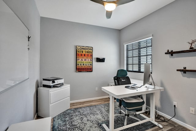 office area featuring hardwood / wood-style flooring and ceiling fan