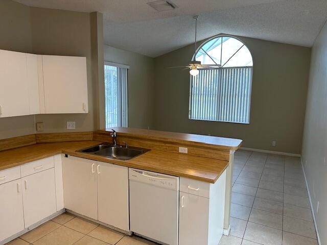 kitchen with sink, dishwasher, white cabinets, and kitchen peninsula