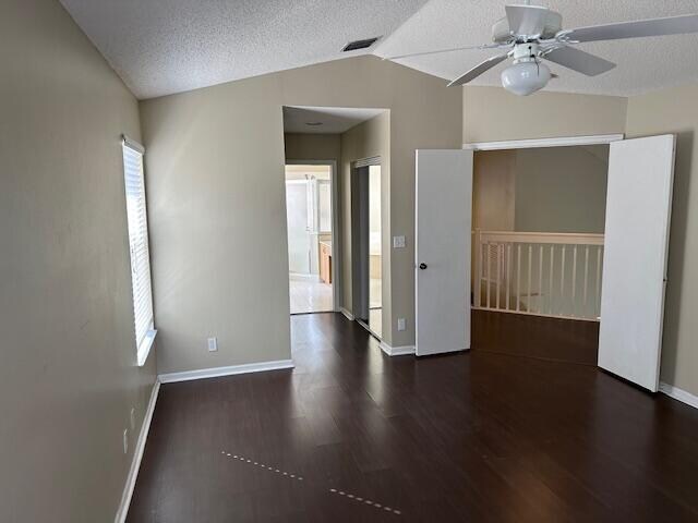 spare room featuring a textured ceiling, lofted ceiling, a wealth of natural light, and dark hardwood / wood-style floors