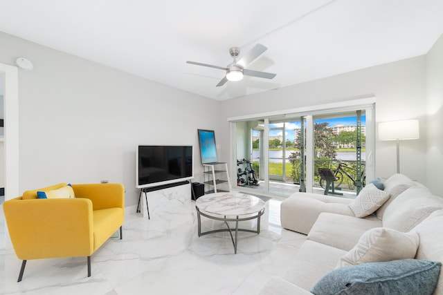 2801 N Palm Aire Dr Unit 106, Pompano Beach, FL 33069 - living area with ceiling fan and marble finish floor