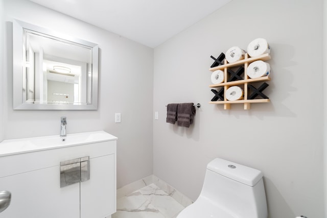 2801 N Palm Aire Dr Unit 106, Pompano Beach, FL 33069 - half bath featuring vanity, toilet, baseboards, and marble finish floor