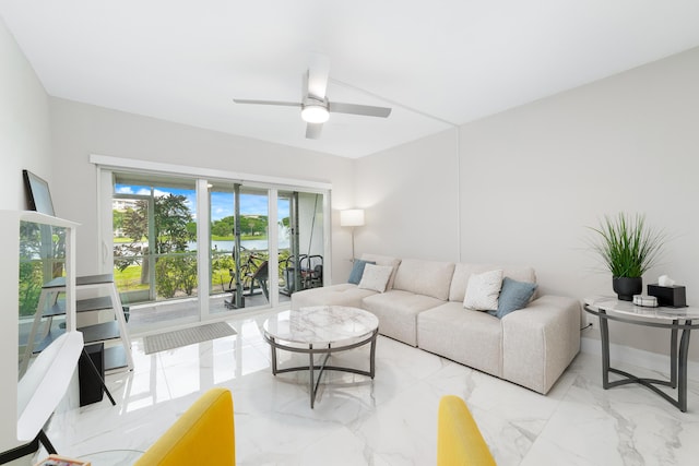 2801 N Palm Aire Dr Unit 106, Pompano Beach, FL 33069 - living room featuring a ceiling fan, marble finish floor, and a water view