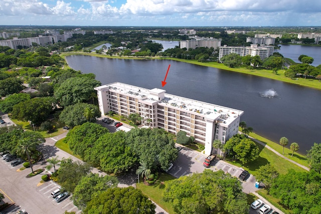 drone / aerial view featuring a water view