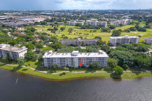 bird's eye view with a water view