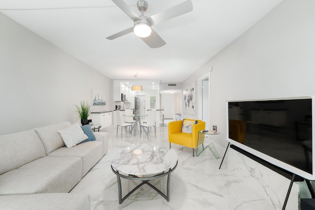 2801 N Palm Aire Dr Unit 106, Pompano Beach, FL 33069 - living room featuring a ceiling fan, marble finish floor, and visible vents