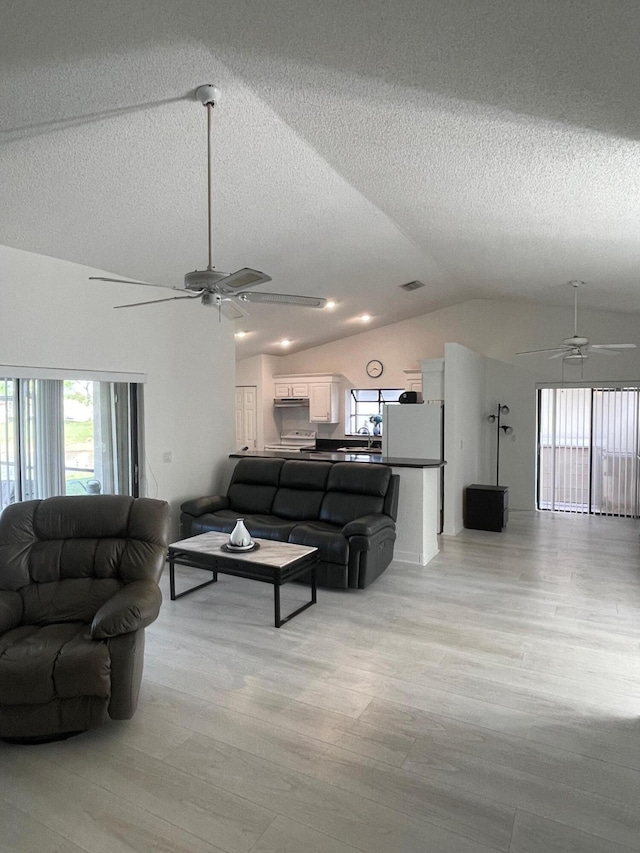 living room with ceiling fan, light wood-type flooring, lofted ceiling, and a textured ceiling