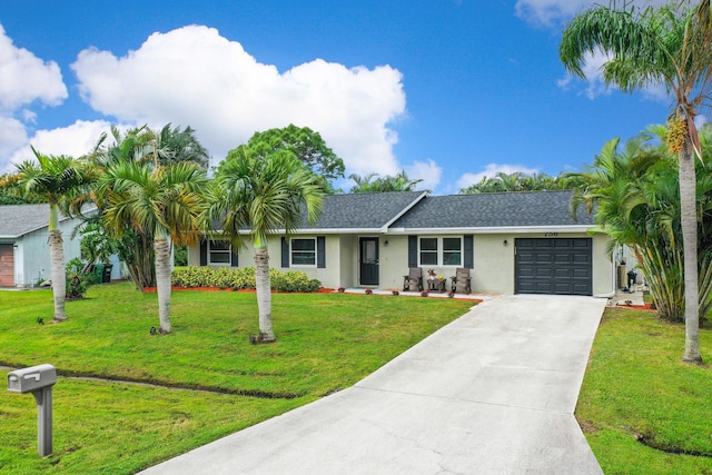 ranch-style house with a garage and a front lawn