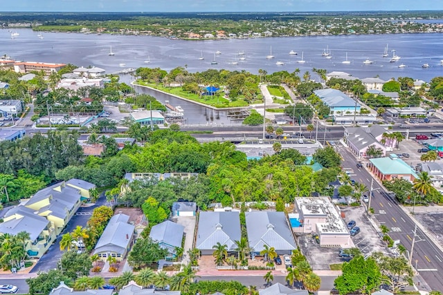 drone / aerial view featuring a water view