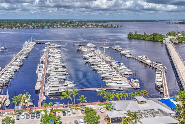 drone / aerial view featuring a water view