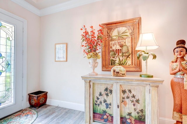 foyer featuring crown molding and light wood-type flooring