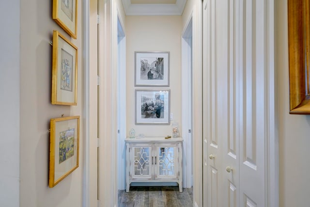 corridor with ornamental molding and dark wood-type flooring